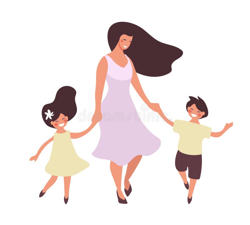Gelukkige vrouw loopt met kinderen. mam danst met haar dochter en haar zoon moederdagkaart gelukkige familie. vlakke vector