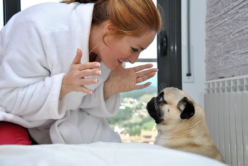 Download Gelukkige Vrouw Met Haar Pug Hond Stock Afbeelding - Afbeelding bestaande uit honden, gelukkig: 39105561