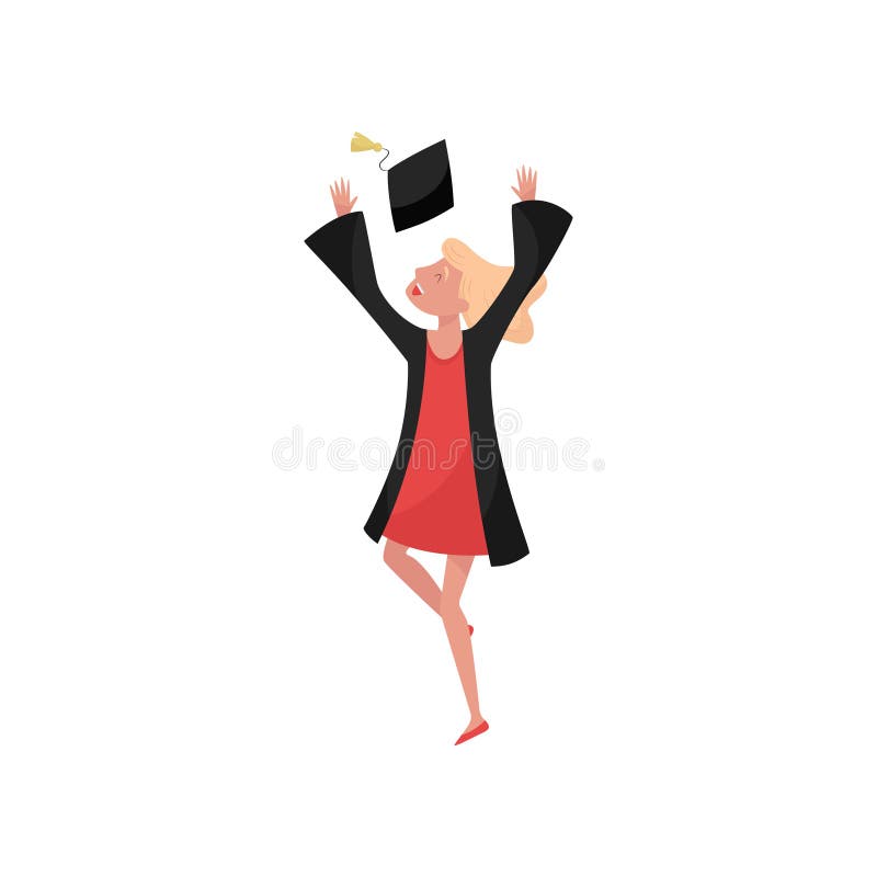 Gelukkige vrouwelijke gediplomeerde, glimlachende graduatiestudente die in toga graduatieglb vectorillustraties op een wit werpen royalty-vrije illustratie Gelukkige vrouwelijke gediplomeerde, glimlachende graduatiestudente die in toga graduatieglb vectorillustraties op een wit werpen royalty-vrije illustratie