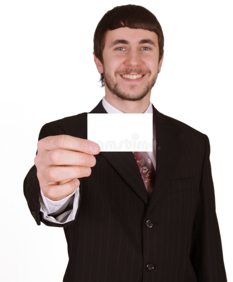 Happy Businessman with blank business card, isolated on white. Happy Businessman with blank business card, isolated on white