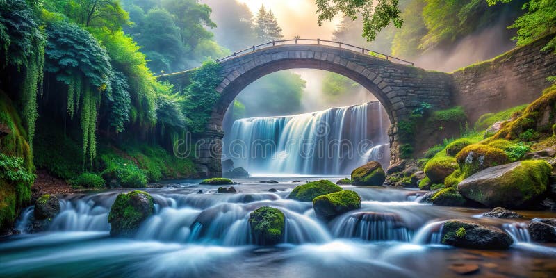 Gem caché Pont de pierre serein enjambant une cascade de montagne bruyante Un documentaire époustouflant Paysage Photographie illustration libre de droits