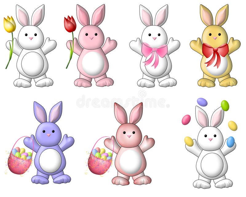 A clip art illustration featuring an assortment of Easter bunny rabbits posing in different ways - holding tulips, wearing bows, carrying Easter baskets and juggling Easter eggs. A clip art illustration featuring an assortment of Easter bunny rabbits posing in different ways - holding tulips, wearing bows, carrying Easter baskets and juggling Easter eggs