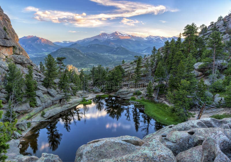 The last evening sunshine hits Longs Peak and The Crags  above Gem Lake in Rocky Mountain National Park, Estes Park, Colorado. The last evening sunshine hits Longs Peak and The Crags  above Gem Lake in Rocky Mountain National Park, Estes Park, Colorado