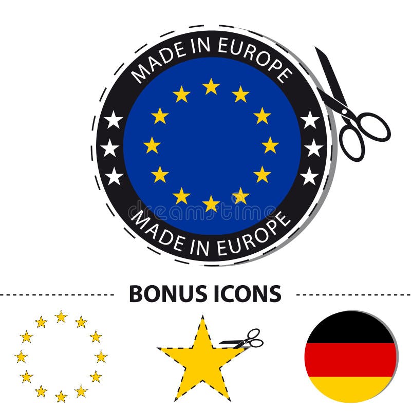 Gemaakt in de Sticker van Europa met Schaar en Besnoeiingslijn - VectordieIllustratie met Bonuspictogrammen - op Wit worden geïso stock illustratie Gemaakt in de Sticker van Europa met Schaar en Besnoeiingslijn - VectordieIllustratie met Bonuspictogrammen - op Wit worden geïso stock illustratie