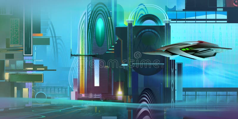 Gemalte bunte fantastische Cyberpunklandschaft mit einem Raumschiff vektor abbildung Gemalte bunte fantastische Cyberpunklandschaft mit einem Raumschiff vektor abbildung