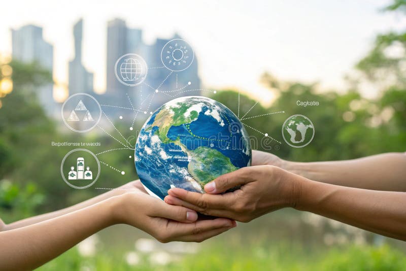 Gemeinschaftskonzept. Menschliche Hände, die Erde global über verschwommenem grünem Stadthintergrund halten. Elemente dieses Bilde stock abbildung