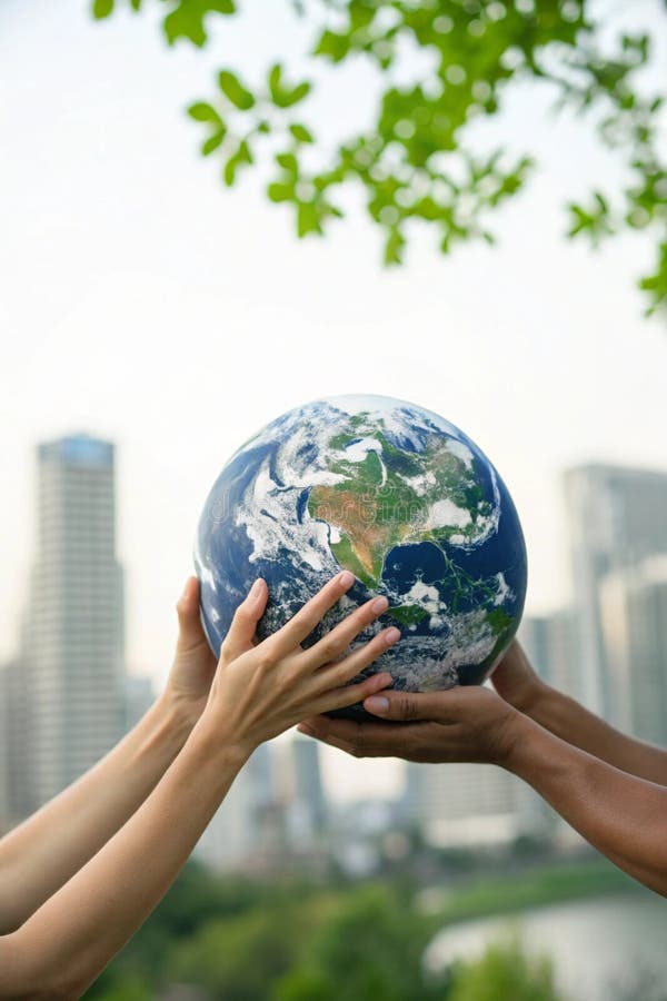 Gemeinschaftskonzept. Menschliche Hände, die Erde global über verschwommenem grünem Stadthintergrund halten. Elemente dieses Bilde stock abbildung