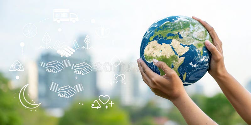 Gemeinschaftskonzept. Menschliche Hände, die Erde global über verschwommenem grünem Stadthintergrund halten. Elemente dieses Bilde vektor abbildung