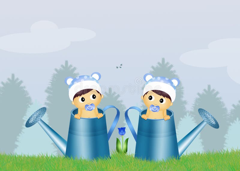 Illustration of male twins in watering can. Illustration of male twins in watering can
