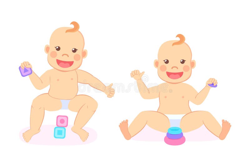 Babies or twins sitting in diaper, portrait view of smiling kids holding toys, newborn flat design style on white, playful infant, laughing children vector. Babies or twins sitting in diaper, portrait view of smiling kids holding toys, newborn flat design style on white, playful infant, laughing children vector