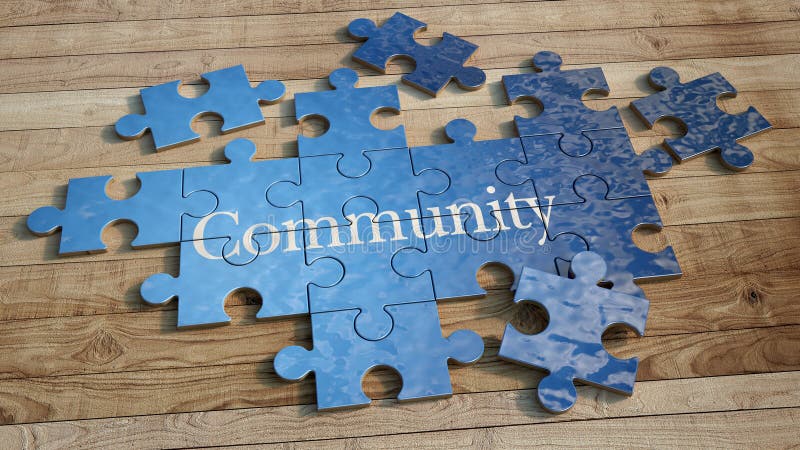 3D rendering of a puzzle with the word community printed on it. 3D rendering of a puzzle with the word community printed on it