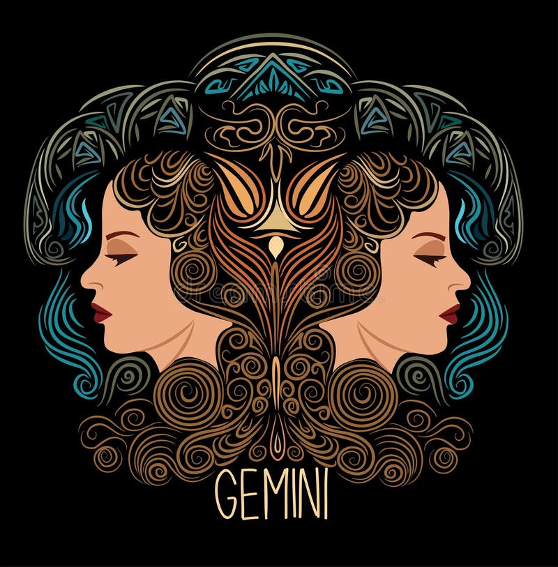 Gemini Zodiac Sign Beautiful Girls Hand Drawn Art. Stock Vector ...