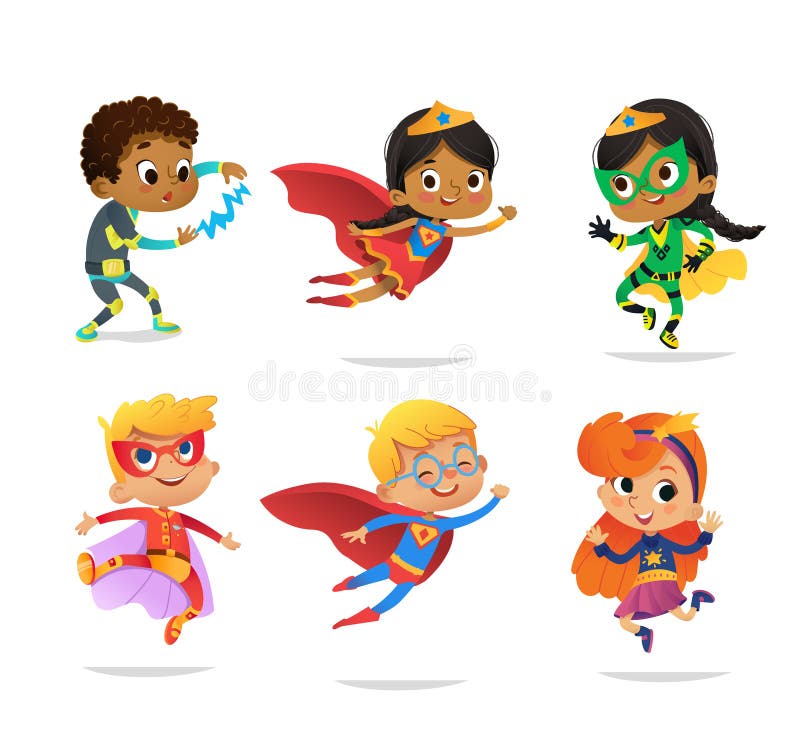 Multiracial Boys and Girls, wearing colorful costumes of various superheroes, isolated on white background. Cartoon vector characters of Kid Superheroes, for party, invitations, web, mascot. Multiracial Boys and Girls, wearing colorful costumes of various superheroes, isolated on white background. Cartoon vector characters of Kid Superheroes, for party, invitations, web, mascot.