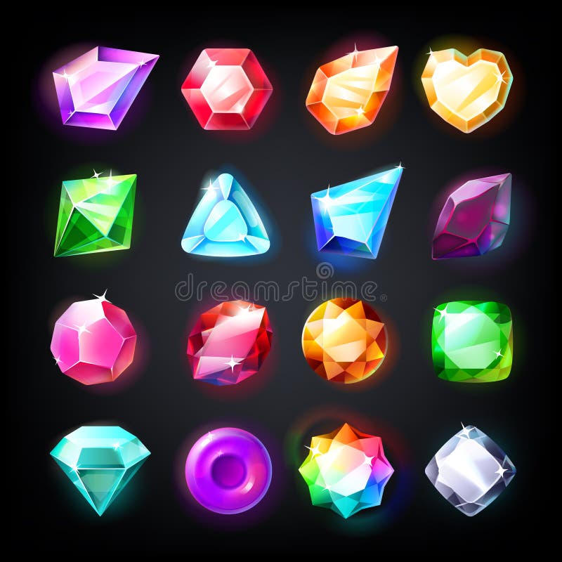 Gems. Cartoon jewelry stones for game achievement and currency, icon set of colored shiny crystals. Vector game jewels vector illustration