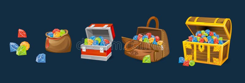 Gems chests set on blue background. Cartoon money chests for games, books etc. stock illustration Gems chests set on blue background. Cartoon money chests for games, books etc. stock illustration