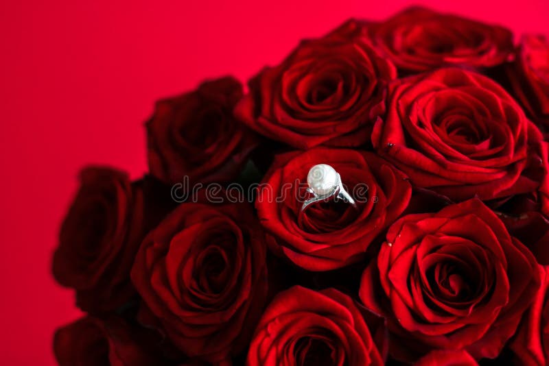 Beautiful White Gold Pearl Ring and Bouquet of Red Roses, Luxury ...