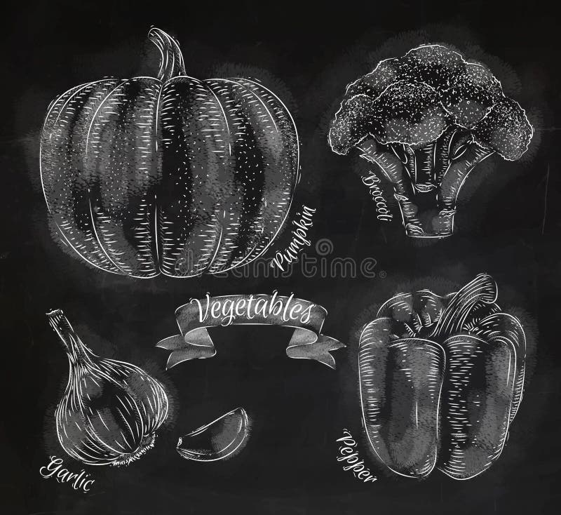 Gemüse pfeffert, Kürbis, Knoblauch, Brokkolikreide lizenzfreie abbildung Gemüse pfeffert, Kürbis, Knoblauch, Brokkolikreide lizenzfreie abbildung