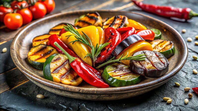 Gemüsemedley vom Grill auf rustikaler Holzplatte. Generative AI stock abbildung