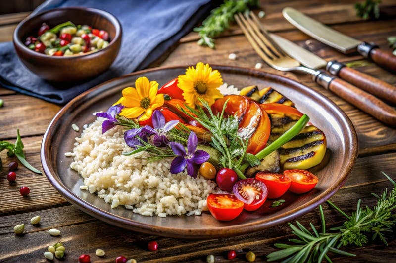 Gemüsemedley vom Grill mit flüssigem Reis und essbaren Blumen auf rustikalem Teller. Generative AI lizenzfreie abbildung