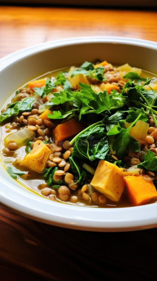 Gemüsesuppe mit Spinatkartoffeln und Petersilie lizenzfreie abbildung