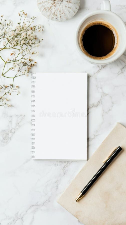 Gemütliche Arbeitsfläche mit Kaffeetassen-Notizblock und Stift für kreative Inspiration. Generative AI. Ein bequemer Arbeitsplatz mit einem leeren Notizblock und Stift neben einer warmen Kaffeetasse, ideal für Brainstorming oder Notizen. AI generiert