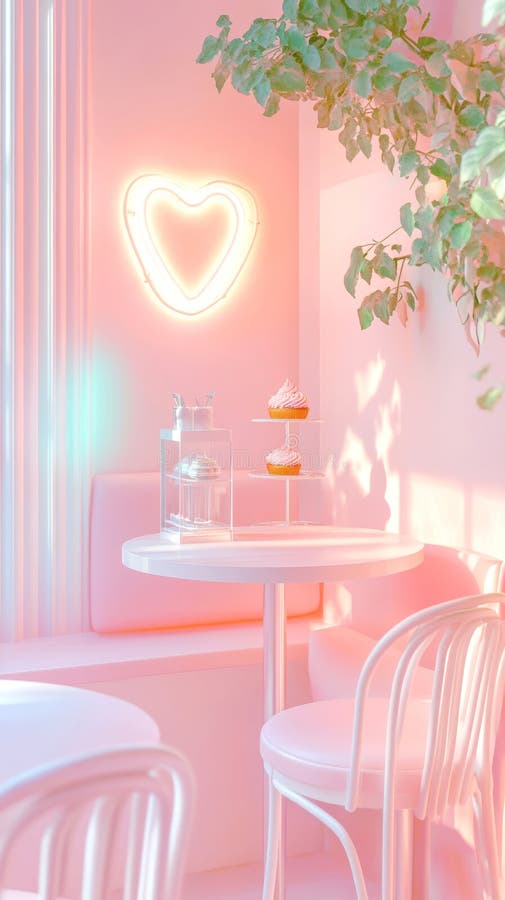 Gemütliche Cafeteria Ecke mit Neonherz und Kuchen in pastellrosa Ambiente AI Generative lizenzfreie stockfotos