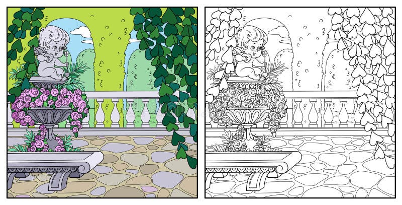 Gemütliche Ecke des Palastparks Nähe Gartenmarmorvase mit einer Statue der Amorfarbe und erläutert vektor abbildung
