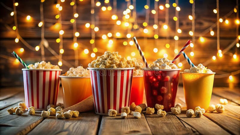Gemütliche Filmnacht Ein Panoramaessen mit Popcorn Drinks und warmes Ambiente für einen erholsamen Abend vektor abbildung