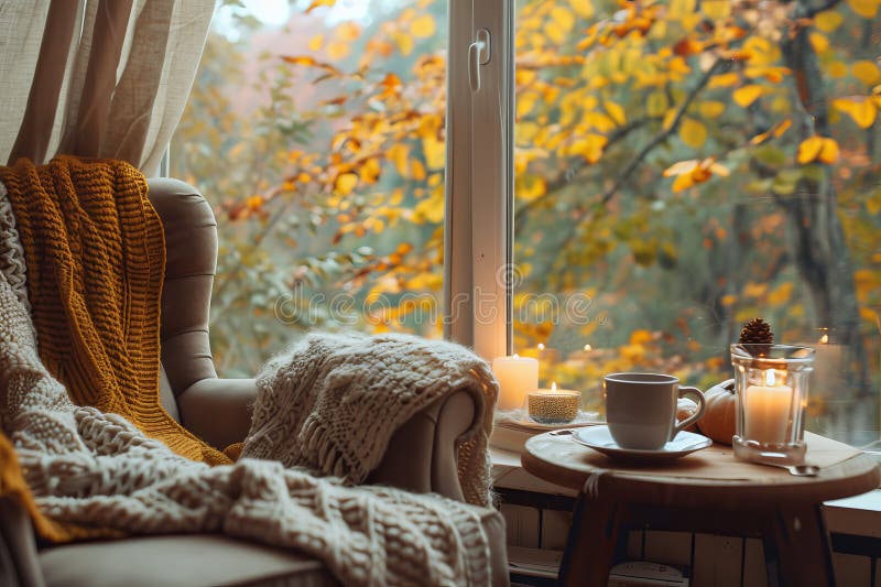 Gemütliche Herbstleseküche mit Kerzen und Decken durch ein Fenster mit Laub stockfotografie
