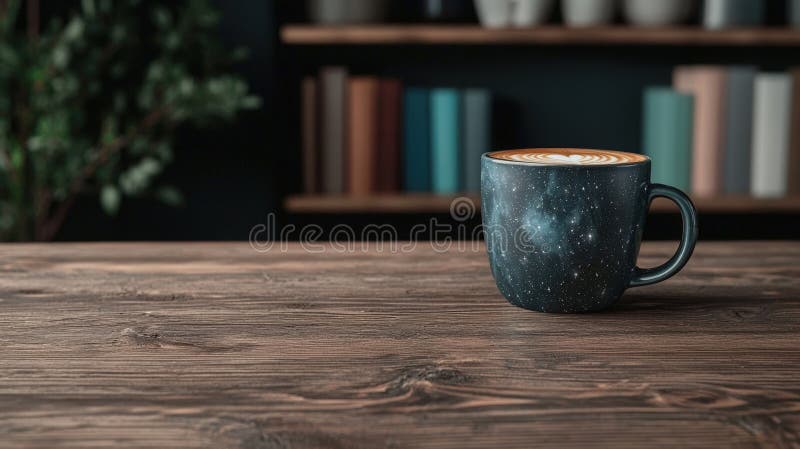 Gemütliche Kaffeetasse mit Latte Art auf Holztisch. lizenzfreie abbildung