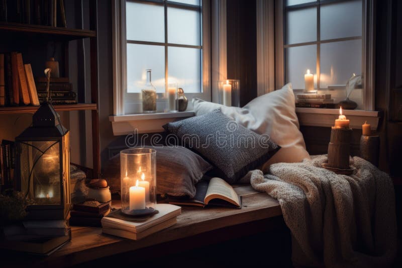 Gemütliche Leseecke mit weichen Kerzen und gemütliche Bücher zum Entspannen lizenzfreie abbildung