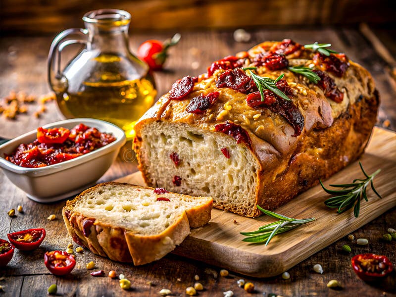 Gemütliche rustikale hausgemachte mediterrane Tomate und Kräuterbrot. lizenzfreie abbildung