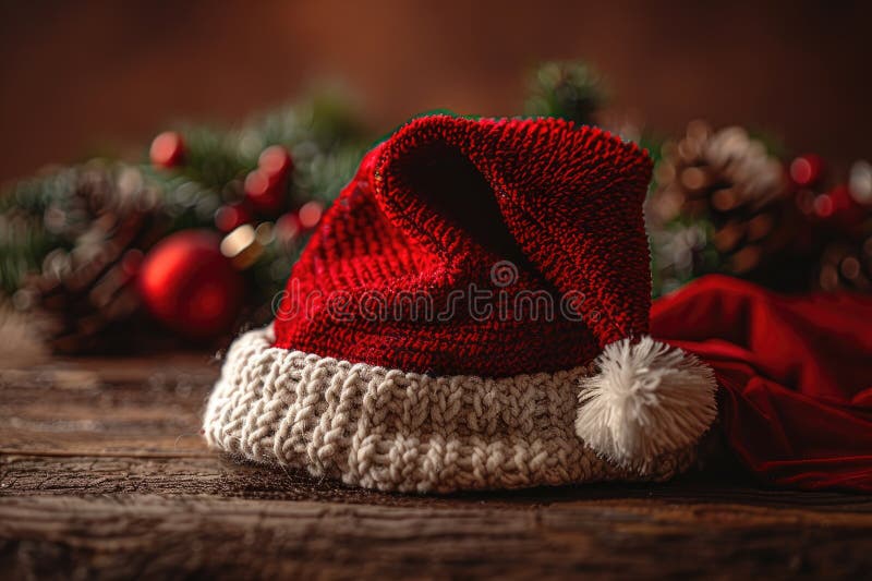 Gemütlicher gezinkter Santa Hat auf rustikalem Holzboden lizenzfreie abbildung