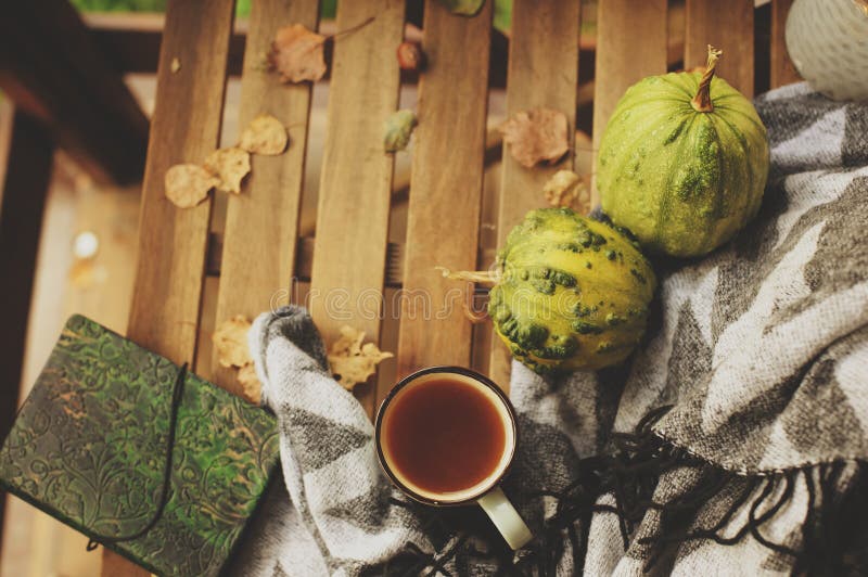Gemütlicher Herbstmorgen am Landhaus, an der Tasse Tee und an der warmen Decke auf Holztisch lizenzfreies stockfoto