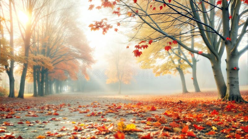 Gemütlicher Herbstweg mit sonnendurchfluteten Bäumen stock abbildung