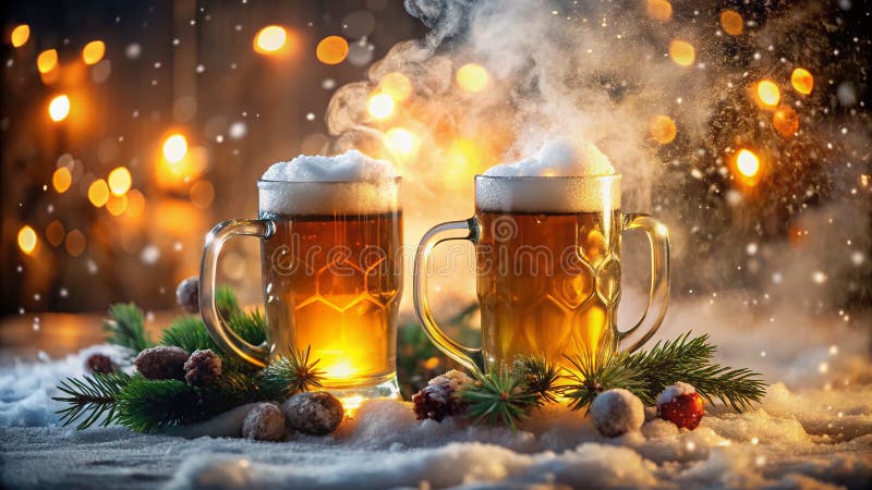 Gemütlicher Winter sorgt für zwei fröhliche Bierhügel in festlicher Umgebung und eignet sich perfekt für einen erholsamen Abend lizenzfreie abbildung