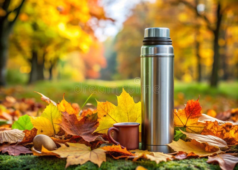 Gemütliches Herbstabenteuer mit isolierten Thermoskannen inmitten eines dynamischen Fall Foliage vektor abbildung