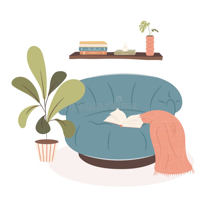 Gemütliches Interieur. Sessel mit warmen Deckenbüchern auf dem Regal und beleuchtete Kerze. stock abbildung