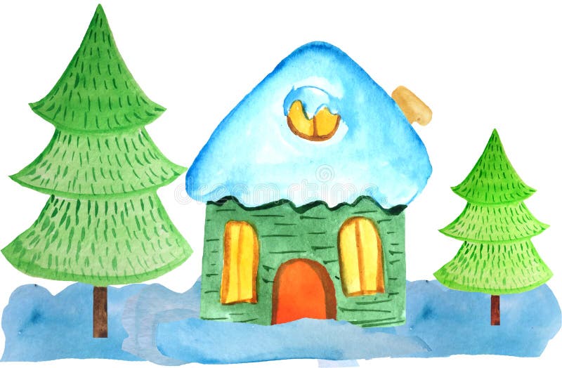 Gemütliches Karikaturweihnachtshaus in den Schneewehen und in zwei Bäumen auf einem weißen Hintergrund Aquarellillustration für P stockbilder Gemütliches Karikaturweihnachtshaus in den Schneewehen und in zwei Bäumen auf einem weißen Hintergrund Aquarellillustration für P stockbilder