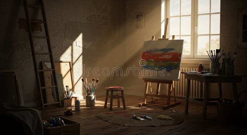 Gemütliches Kunststudio mit rustikalem Charme mit einem hölzernen Aal mit farbenfroher Einrichtung stock abbildung