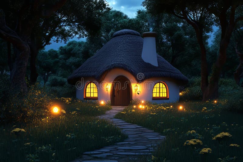 Gemütliches Landhaus mit einem Dachgeschoss mit warmen Lichtern am Abend lizenzfreies stockbild