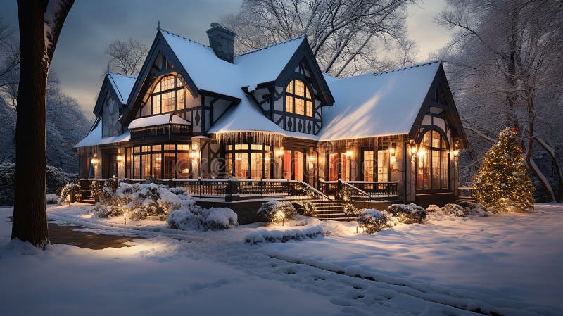 Gemütliches modernes Vorstadthaus mit Weihnachtsbeleuchtung und fallendem Schnee lizenzfreies stockfoto