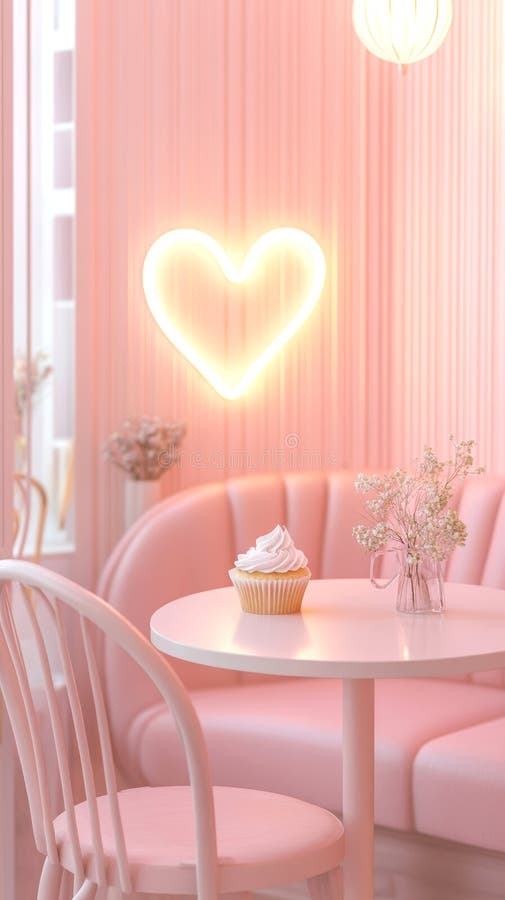Gemütliches pinkfarbenes Café-Ambiente mit Herzlicht und Kuchen auf dem Tisch AI Generativ lizenzfreies stockbild