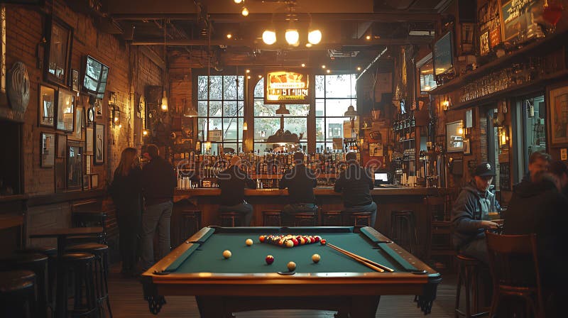 Gemütliches Pub mit Billardtisch Stadtsicht Gönner entspannendes Abendambiente lizenzfreie abbildung