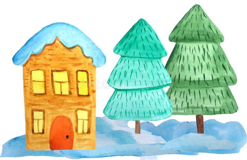 Gemütliches zweistöckiges Weihnachtshaus in den Schneewehen und ein Baum auf einem weißen Hintergrund Aquarellillustration für Pl stockbild Gemütliches zweistöckiges Weihnachtshaus in den Schneewehen und ein Baum auf einem weißen Hintergrund Aquarellillustration für Pl stockbild