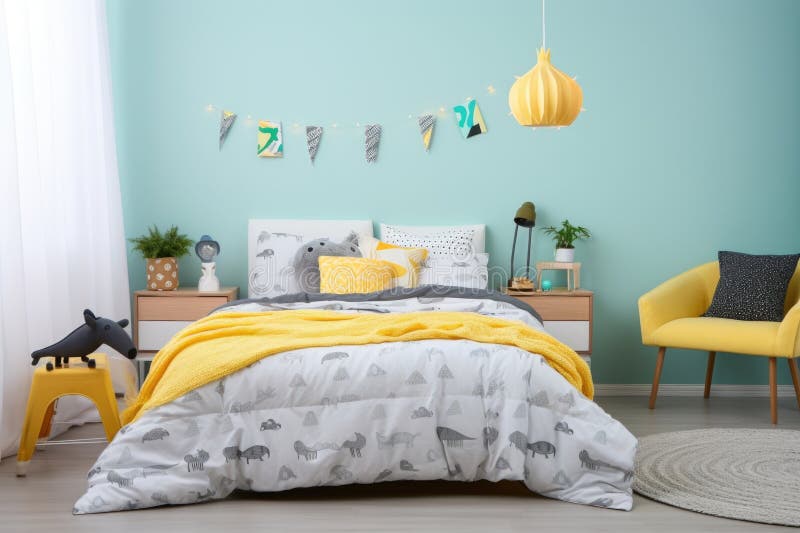 Genderneutral Bedding Set in a Childrens Bedroom Stock Image Image