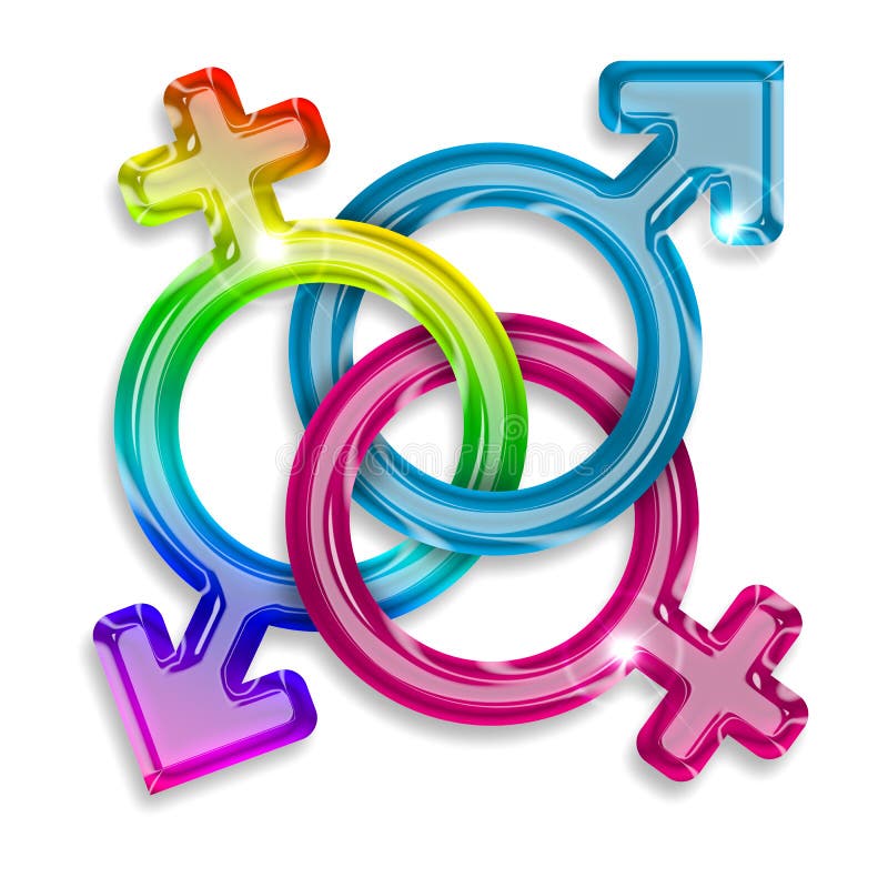 Simboli di maschi, donne e transessuali su sfondo bianco.