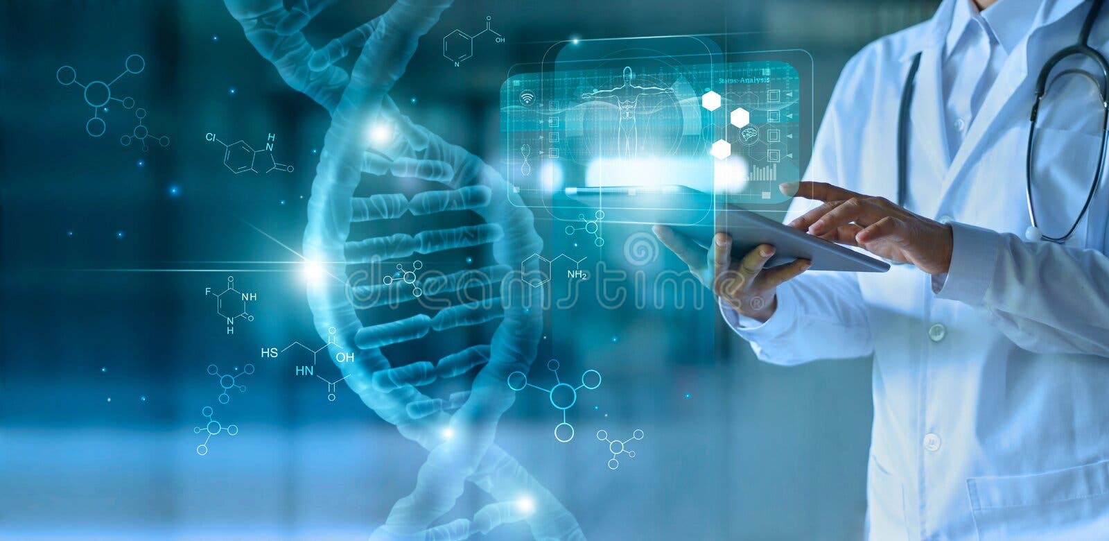 Geneeskunde arts wat betreft elektronisch medisch dossier op tablet DNA Digitale gezondheidszorg en netwerkverbinding op hologram Geneeskunde arts wat betreft elektronisch medisch dossier op tablet DNA Digitale gezondheidszorg en netwerkverbinding op hologram