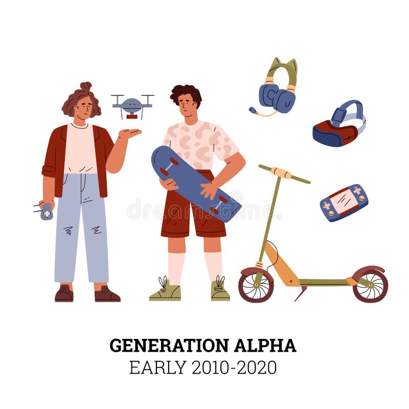Generación de personas alpha 20102020 desarrollo social vectores afiche de adolescentes con juegos de cuadricóptero y patinaje stock de ilustración