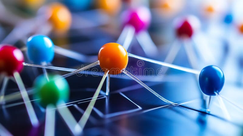 Generacyjna AI Colorful Abstract Model struktur molekularnych z koncepcją biznesową jasnych kulek i połączeń ilustracja wektor